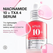 ANUA Niacinamide 10 + TXA 4 Serum, Hyaluronic Acid, Tranexamic acid, Vitamin B12, Facial Serum for Glass Skin, Clarifying, Radiant Complexion with Natural Color