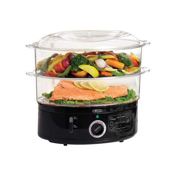 BELLA Two Tier Food Steamer with Dishwasher Safe Lids and Stackable Baskets & Removable Base for Fast Simultaneous Cooking – Auto Shutoff & Boil Dry Protection, Stainless Steel, 7.4 QT, Black