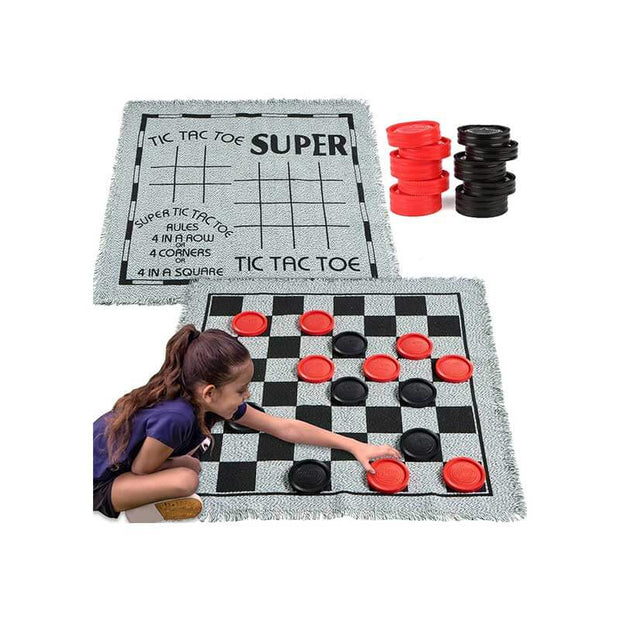 3-in-1 Vintage Giant Checkers, Tic, Tac, Toe, Game with Reversible Mat, 24 Chips, Family Board Game, Lawn Game, BBQ Party Favor, Indoor and Outdoor Activity for Kids and Adults